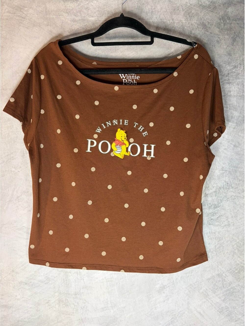 Disney Winnie the Pooh Women’s L 12-14 Brown Polka Dot Off Shoulder Shirt NWT